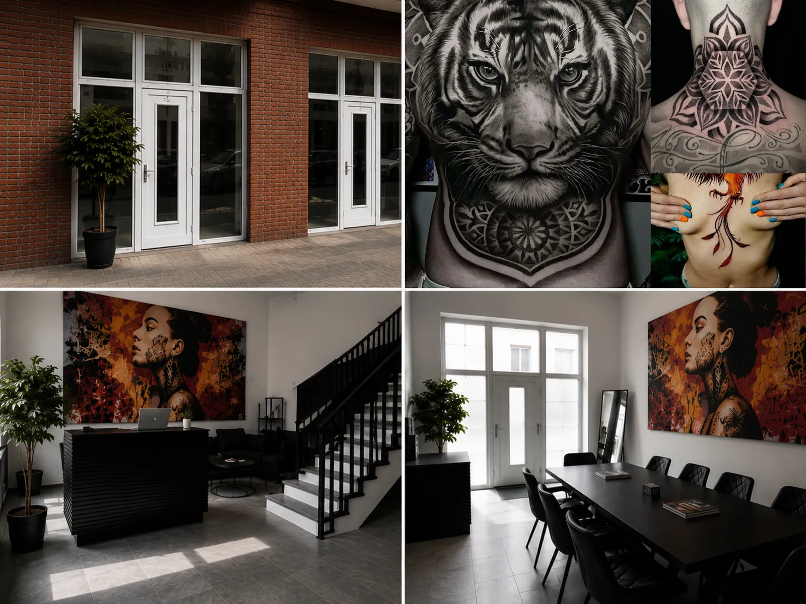 Einblicke ins Ivory Tattoo Studio in Berlin-Mitte: Eingang am Platz vor dem Neuen Tor, Empfang mit Lounge und Treppe, Beratungsraum sowie Tattoo-Arbeiten des Teams.